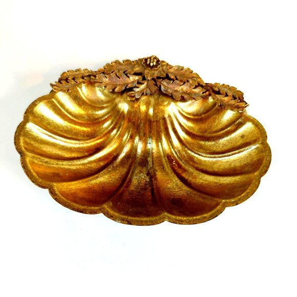 Unbranded Other - Hollywood Regency Gold Ornate Leaf Gilt Clam Shell Decorative Dish Soap Bowl